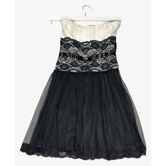 Mystic Strapless A Line Dress Womens Black White Lace Bodice Colorless Flowy - Picture 1 of 14